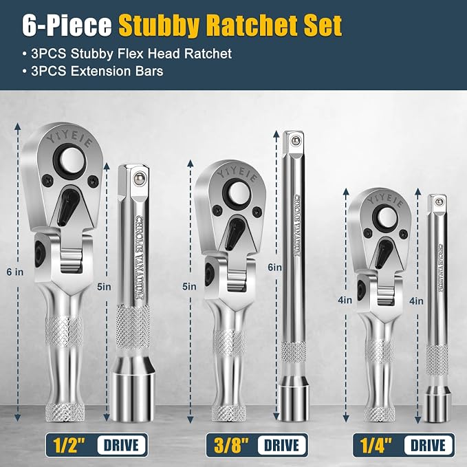 YIYEIE Stubby Flex Head Ratchet Set, 6PCS Stubby Ratchet Set 1/4 3/8 1/2 inch with 3 Extension Bars, 72 Tooth Reversible & Quick-Release, 180° Swivel Head Mini Handle with EVA Foam