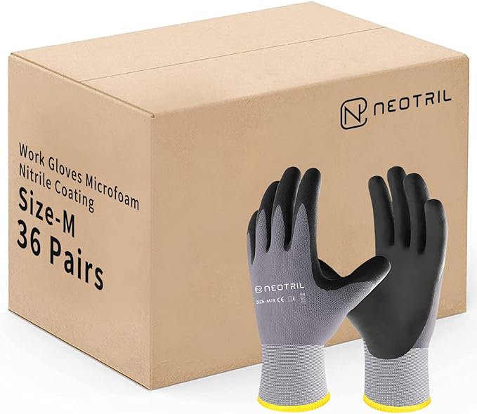NEOTRIL Safety Work Gloves MicroFoam Nitrile Coated-3/6/12/36 Pairs,Breathable Nylon Working Gloves for Men Women