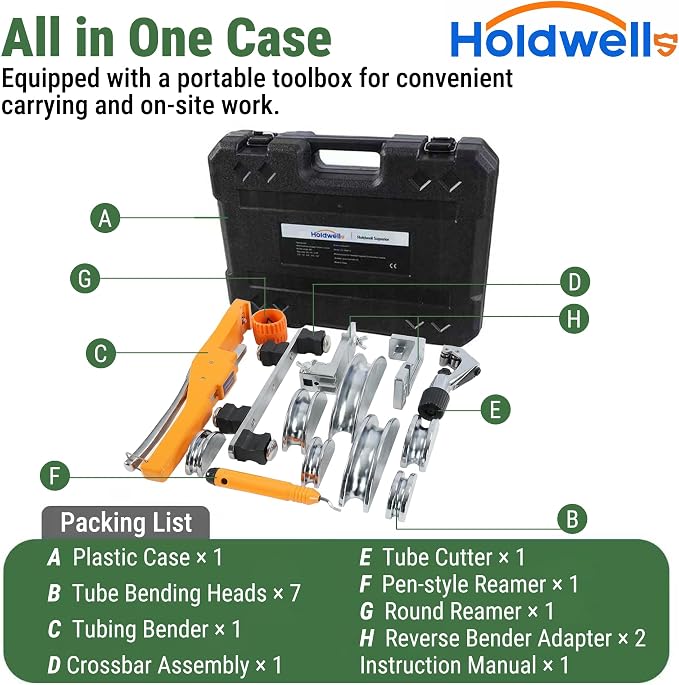Ratcheting Pipe Tube Bender Set 1/4" to 7/8" O.D., 90° Forward & Reverse Bending Tool W/ 7 Dies, Pipe Cutter & Deburring Tool, Portable Case for HVAC, Refrigeration, Plumbing & Hydraulic