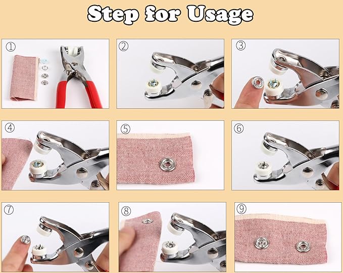 50 Sets Metal Snaps Buttons with Fastener Pliers Press Tool Kit, Prong Ring Snap Button Fasteners for DIY Crafts Clothes Hats and Sewing, Easy Installation for Fabric (9.5mm / 200 PCS) (Silver)