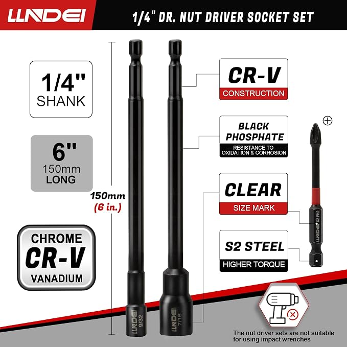 LLNDEI 1/4" Drive Socket Set & Nut Driver Set with Ratchet 38Pcs SAE 5/32" | 1/4" Sockets Deep&Shallow SAE 5/32" to 9/16" with Ratchet, Hex Shank 6" Long Nut Drivers(1/4"-9/16") for Drill Bits(PH1 PH2)