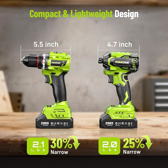 Robustrue 21V Cordless Drill & Impact Driver Combo Kit, 3/8" Drill & 1/4" Impact Driver, 2×2000mAh Batteries, Fast Charger, 16-Piece Bit Set for DIY Projects, Furniture Assembly & Home Repairs