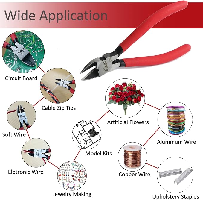 Wire Cutters 1 PACK, 6 inch, Side Cutters, Flush Cut Pliers | Spring Loaded Cutting Pliers with Non-slip Red Handle, Wire Cutters Heavy Duty for Jewelry Making, Crafts, Zip Tie