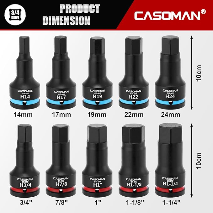 CASOMAN 3/4-Inch Drive Impact Hex Bit Driver Set, 10 Pieces Allen Bit Socket Set with Storage Case, Metric & SAE, CR-MO Steel, Impact Grade, One-Piece Construction