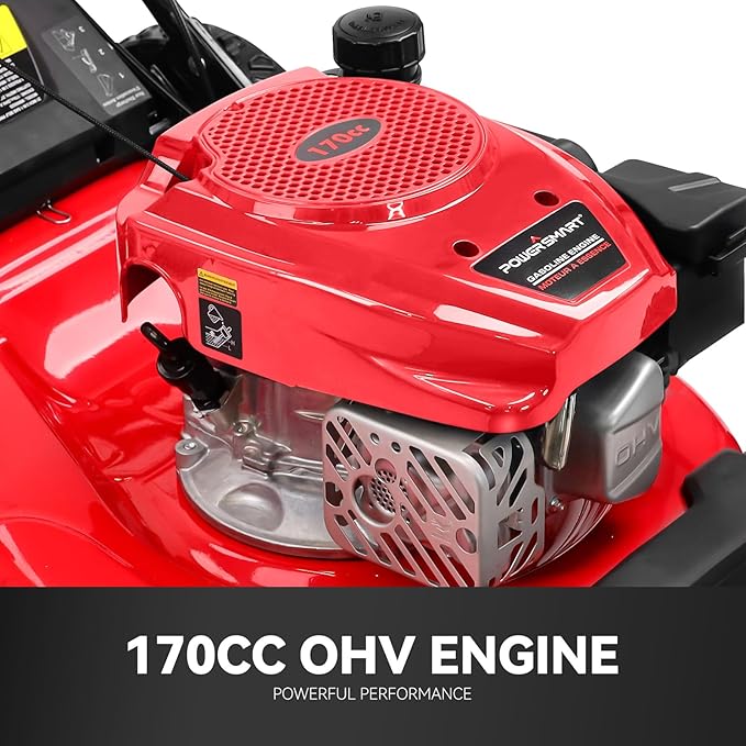 PowerSmart Self Propelled Gas Lawn Mower, 22 in. 170cc OHV Engine 2-in-1 Rear Wheel Drive, High Wheels, 6-Position Height Adjustment