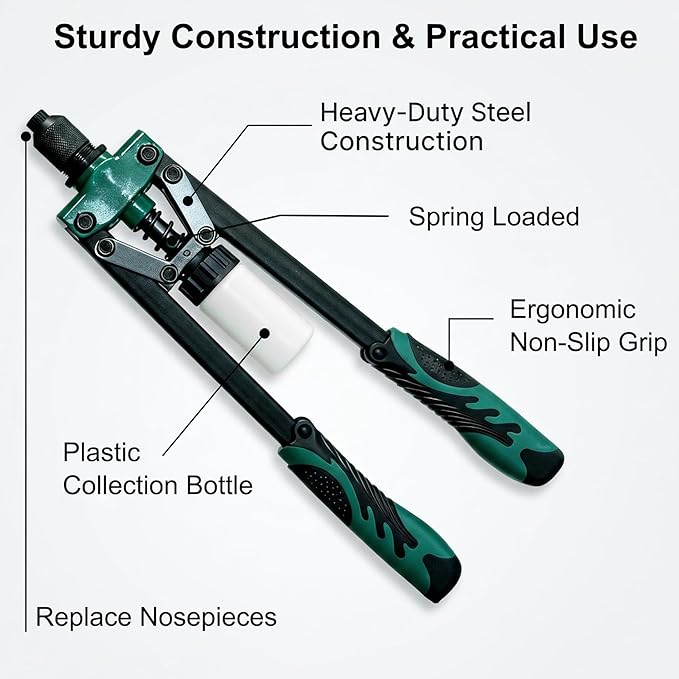 Heavy Duty Double Handle Rivet Gun, Professional Riveting Tool for Metal Working & Auto Repair, Handles 1/8” to 3/16” Rivets, with 3 Interchangeable Nosepieces & Storage Case