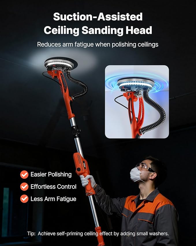 VEVOR Drywall Sander, 950W Electric Drywall Sander, Popcorn Ceiling Removal Tool with 7 Variable Speed 1000-2300 RPM, Double-Deck LED Light, Foldable & Extendable Handle, 15 Sanding Discs, Dust Hose