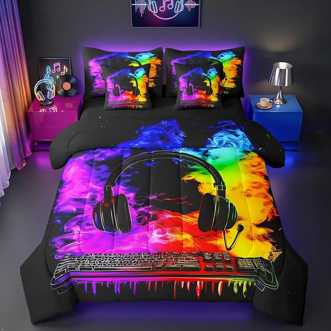 Erosebridal Gaming Keyboard Full Size Bed Sheets and Comforter Set | Gaming Headphones 7-Piece Bedding Set Watercolor Smoke Fire Bed in a Bag, Gamer Headset Bed Sets