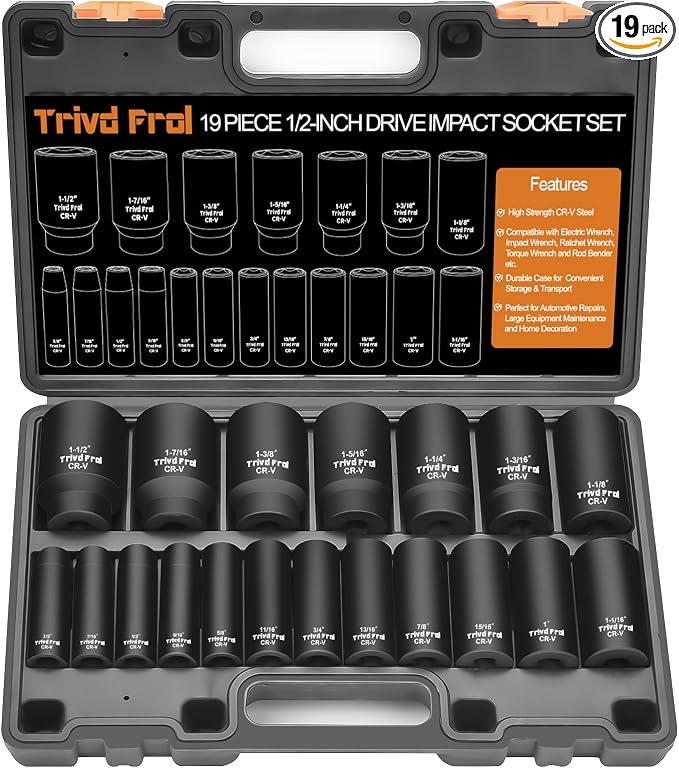 SAE Impact Socket Set 1/2" Drive - Trivd Frol 19 Piece Deep Socket Set | 1/2" Deep Impact Socket Set, SAE 3/8" to 1-1/2", Cr-V Steel, 6-Point, Double Lock Case