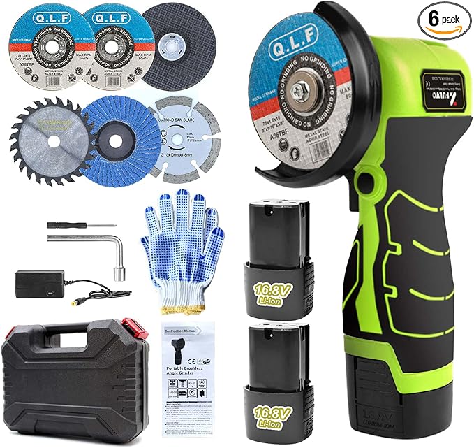 ZFULVO Cordless Brush Angle Grinder Kit, 19500rpm Mini Electric Angle Grinding Tool with 2pcs 16.8V 2000mAh Batteries and 6-Cutting Discs, Grinder Handheld Cutter for Metal Wood
