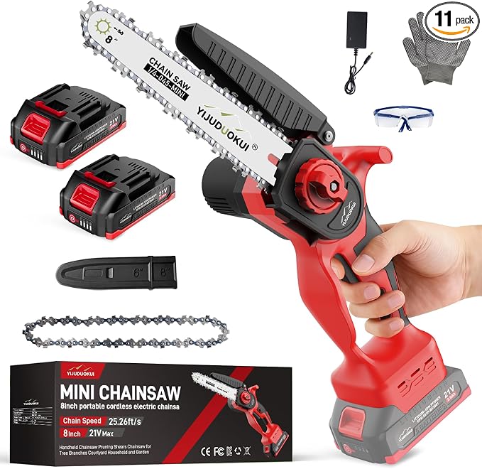 8" Cordless Mini Chainsaw with 2 Batteries | for Pruning, Trimming and Small Wood Cutting