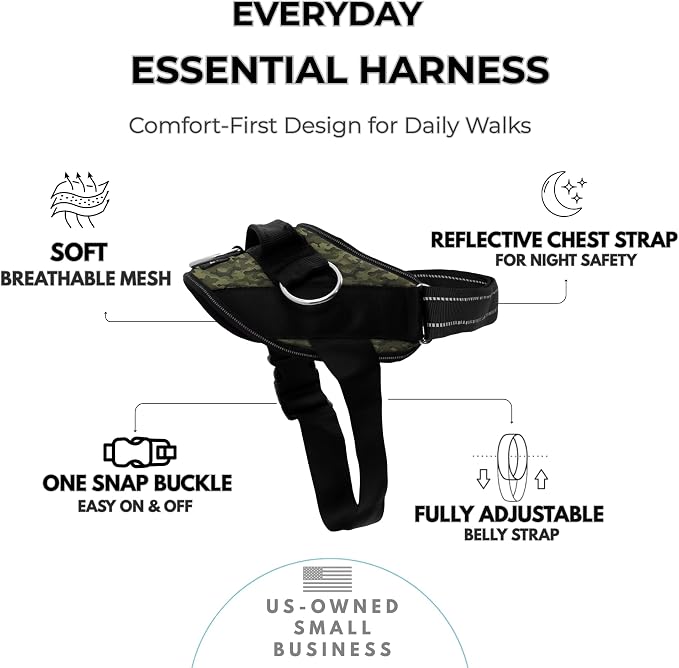 ShawnCo Essential Dog Harness, No-Pull Pet Vest (Military Camo,M) | 3 Leash Clips, Easy On, No-Choke, Reflective, Adjustable Fit, Padded Comfort, Control Handle, For Small, Medium & Large Dogs