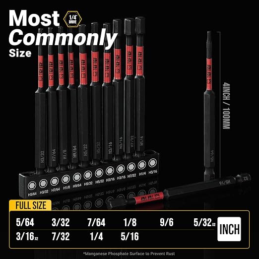 TGFTGF Impact Hex Head Allen Wrench Drill Bit Set, 12PCS, 4-inch (SAE), Premium S2 Steel 1/4" Hex-Shank Hex Bits Set, CNC Machined Magnetic Screwdriver Bit Set, Storage Box, Automotive Home DIY