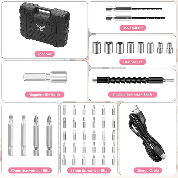 JENABOM 47 in 1 Electric Screwdriver Cordless Rechargeable Small Power Drill Set 3.6V Li-ion 3Nm Max Torque Electric Rotatable with LED Light Screwdriver, Pink