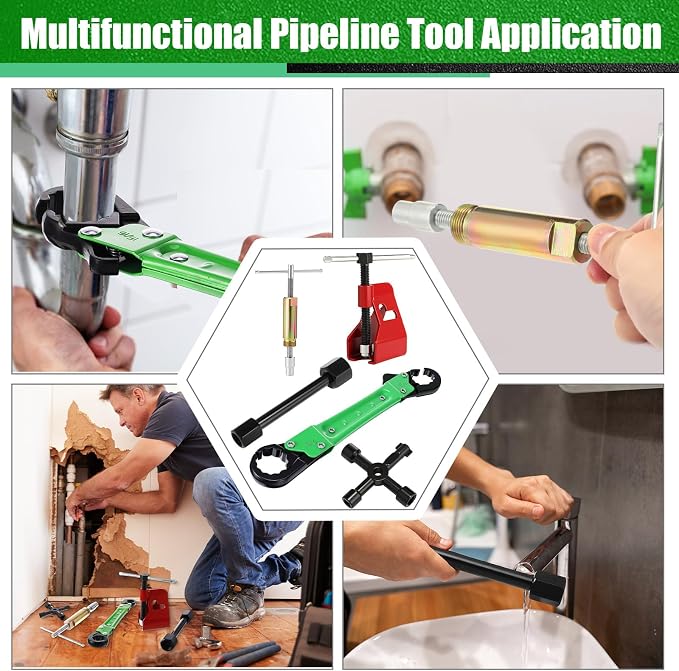 5 Pcs Angle Stop Wrench Kit Plumbing Tool, Compression Sleeve Puller for 1/2" Compression Fitting Ferrule Puller Removal Tool for 1/2" Copper Tubing 4-way Multi-functional Utility Key (Green)