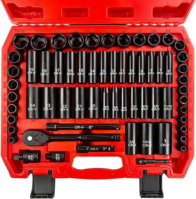 EACELIY 64pcs 3/8" Socket Set,Drive Impact Socket Set, SAE/Metric, Deep & Shallow, Cr-V Steel, 6 Point with Adapters, 72T Ratchet Handle, Extension Bars，Bit Adapter，6-24mm，5/16-1 inch