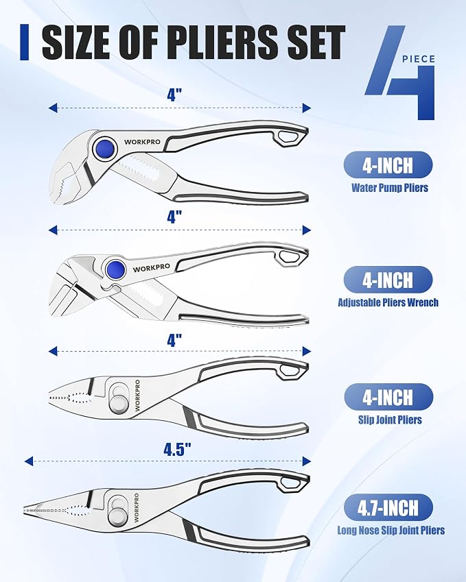 WORKPRO 4-Piece Mini Pliers Set with Pouch, Includes 4-Inch Plier Wrench & Slip Joint & Water Pump Pliers & 4.5-Inch Long Nose Slip Joint Plier, Adjustable Pliers/Pocket Plier/EDC Tool Gift for Man
