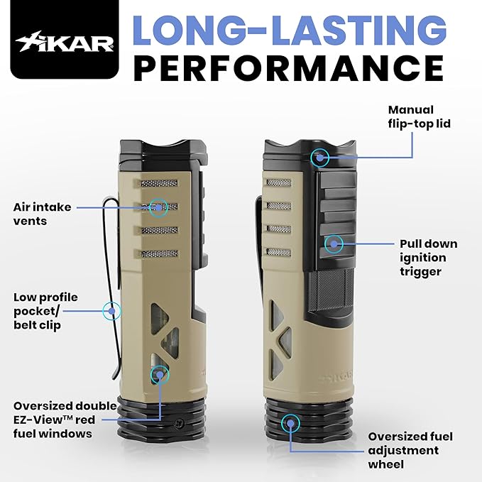 XIKAR Tactical Single-Jet Lighter, Tan and Black - Powerful Flame, Rugged Design with Rest Feature, Pocket Clip, EZ-View Fuel Window, and Adjustable Flame Height - Ideal for Outdoor Use