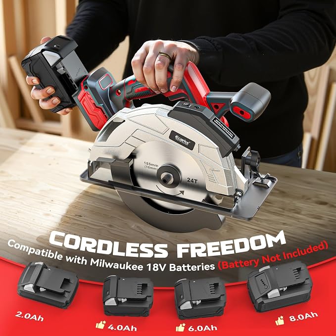 Ecarke 7-1/4" Cordless Circular Saw, Compatible with Milwaukee 18V Battery (Tool Only), Electric Circular Saw with Laser Guide, 5000RPM, 0–45° Bevel, 2-1/4" Cutting Depth, Includes 2 Blades (24T&40T)
