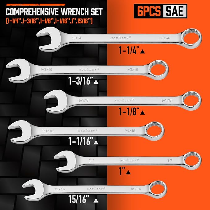 HORUSDY Large Wrench Set with Rolling Pouch | SAE | 6-Piece | 15/16″, 1″, 1-1/16″, 1-1/8″, 1-3/16″, 1-1/4″ | 12 Point | Chrome Vanadium Steel