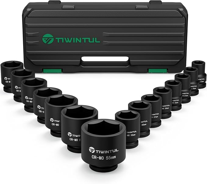 3/4 Inch Drive Impact Socket Set, 15 Piece, Metric, 17-55 mm | CR-MO, 6-Point, Heavy Duty, Storage Case, Easy-to-Read Size Markings, Rugged Construction for Large Vehicle, Truck, Trailer