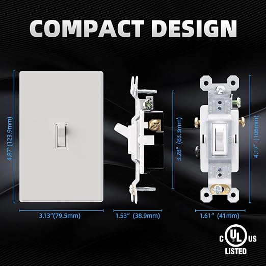 ELEGRP 3 Way Glossy Toggle Light Switch with Matte Mid Screwless Matte Plate, 15A 120V, Toggle Framed AC Quiet Switch, In Wall On/Off, Self-Grounding, Residential Grade, UL (5 Pack, White)