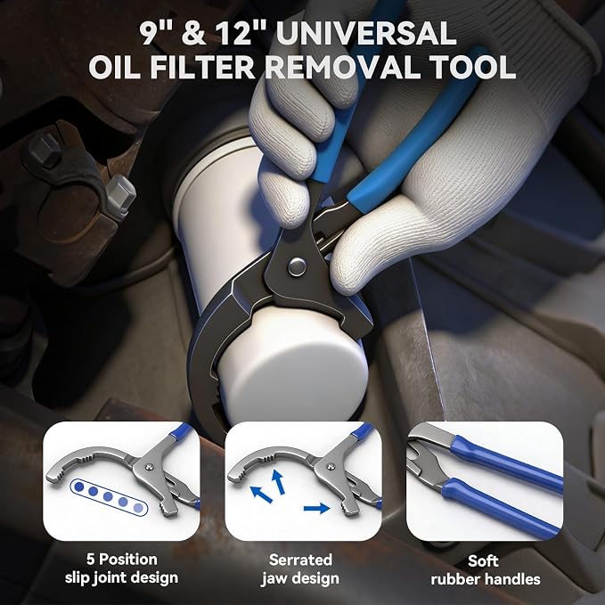 DISEN Oil Filter Wrench Set, 8PCS Oil Filter Swivel Wrench Set 2-3/4" to 5-1/4", 9" & 12" Adjustable Oil Filter Pliers,Universal 3-Jaw Removal Tool with 1/2" to 3/8" Adapter, Organized in Storage Case