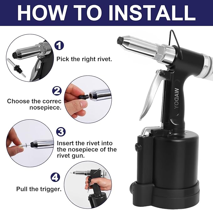 Wadoy Heavy Duty Air Rivet Gun-3924LBF Professional Pneumatic Riveter Kit with 5 Nosepieces (1/4", 3/16", 5/32", 1/8", 3/32") & 50PCS Rivets, 1/4" NPT Industrial Air Rivet Gun for Automotive, Home DIY