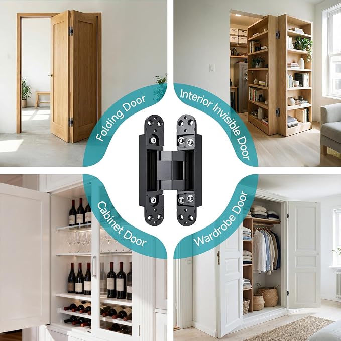 4.5" Hidden Door Hinges, Invisible Concealed Hinges, 180° Swing Adjustable Butt Hinge, Silent Operation, Ideal for Secret Rooms, Bookcase Doors & More (Black, 2 Pack)