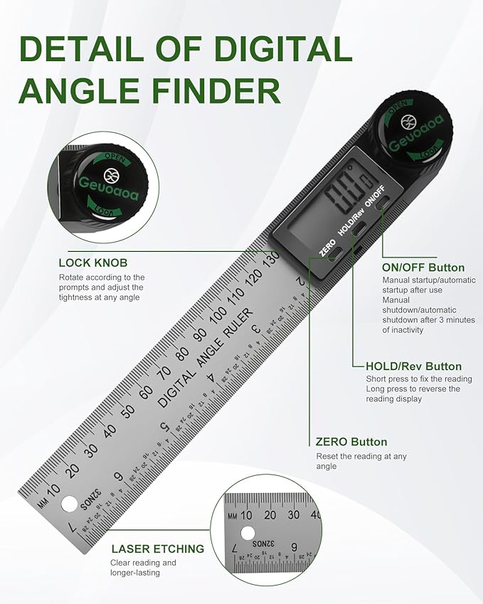 Digital Angle Finder Tool, Protractor Stainless Steel 7inch/200mm, 2 Batteries Angle Gauge Woodworking Tool for Carpenter Construction Diy Measuring