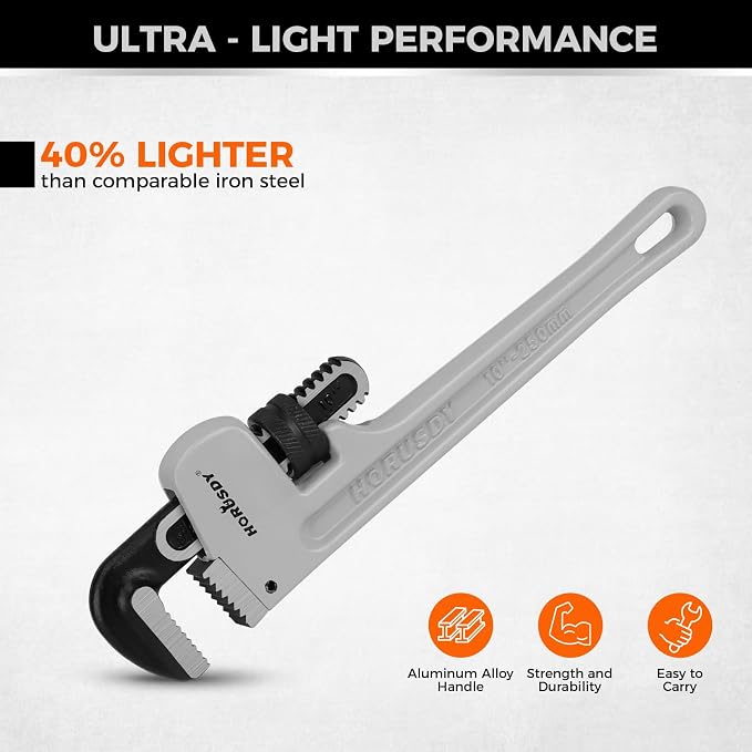 HORUSDY 10-Inch Aluminum Pipe Wrench, Heavy Duty Adjustable Plumbing Wrench for Pipe Fittings, Lightweight 250mm Gray Pipe Tool, Strong Grip & Durable Design for Home and Professional Use