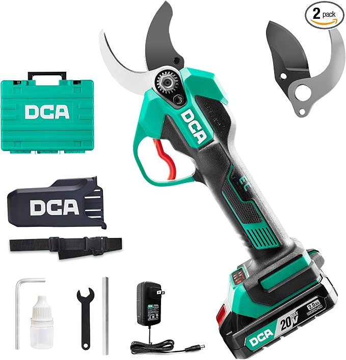 DCA Brushless 20V Battery Powered Electric Pruning Shears Cordless, 1.4" Power Pruner with SK5 High Carbon Steel Blade & 2.0Ah Batteries, Professional Tree Branch Cutter for Yard Tree Flower Trimming