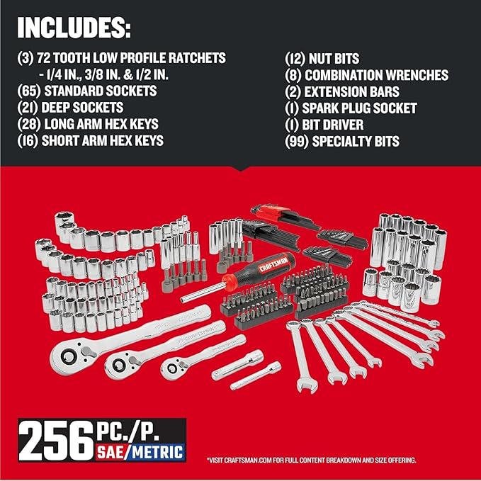 CRAFTSMAN Mechanics Tool Set, 256-Piece Hand Tool and Socket Set with 72-tooth Low Profile Ratchet and 2-Drawer Tool Box (CMMT45256)