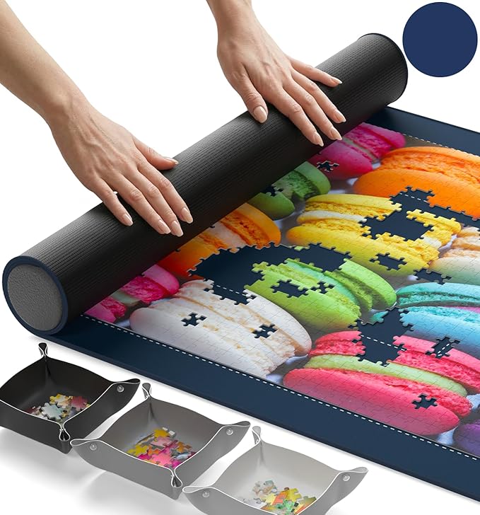The Original Newverest Jigsaw Puzzle Mat Roll Up, Navy Blue, 39.4” x 23.6” Portable Keeper Up to 1000 Pieces with Non-Slip Rubber Bottom & Smooth Top + 3 Puzzle Sorting Trays & Travel Storage Bag
