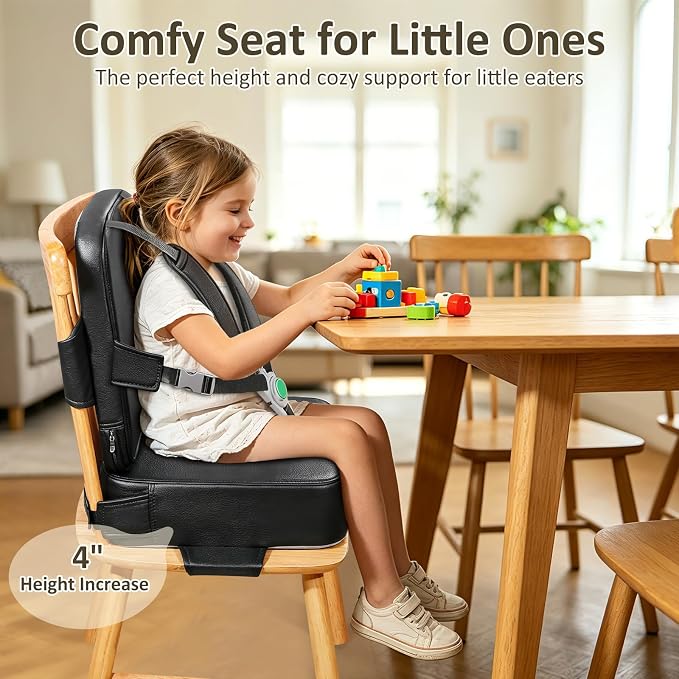 Toddler Booster Seat for Dining Table,Kitchen Chair Booster Cushion | Non-Slip Booster Seat with Backrest and 5 Piont Harness, PU Waterproof Travel Baby Booster Increasing Cushion