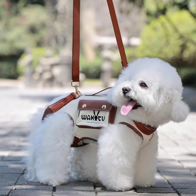 Wakytu Dog Lift Harness Dog Carrier VES Harness Adjustable Leash with Small Puppy Treat Bag,Fits Most Cars,XS | stylish puppy sling carrier with handle & pocket,adjustable leash,walking & travel