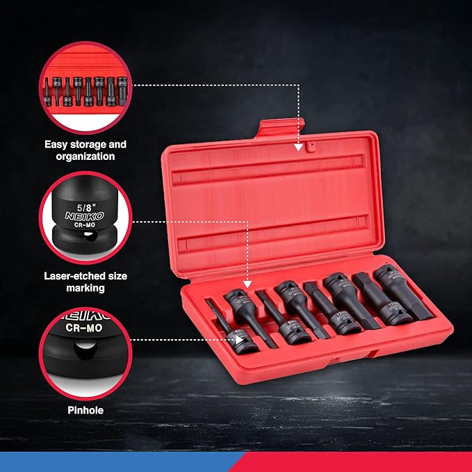 Neiko 01136B 1/2-Inch Drive Allen Hex Impact Socket Set, Metric, 6 mm - 19 mm, Cr-Mo, 8-Piece