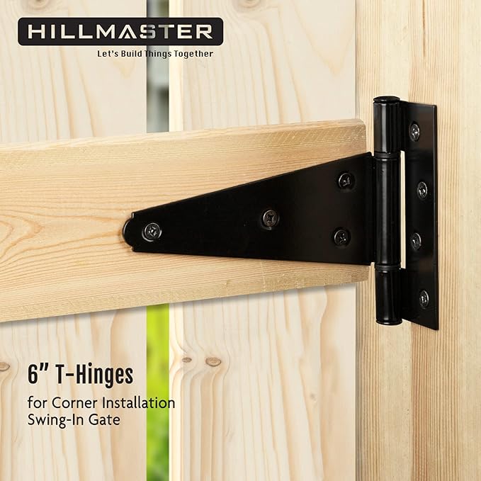 HILLMASTER 6 Inch T-Strap Heavy Duty Shed Door Hinges Gate Strap Hinges Black Tee Hinge Wrought Hardware for Wooden Fences,Yard,Barn Door,Rustproof(2 Pack)