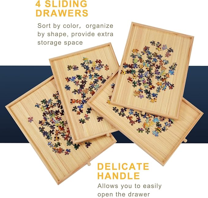 TEAKMAMA 1500Pcs Jigsaw Puzzle Table with 4 Drawers for Adults,Natural | Wooden Jigsaw Foldable Puzzle Board with legs,with Protective Cover,Multifunctional Game Table,34W x 26.3D