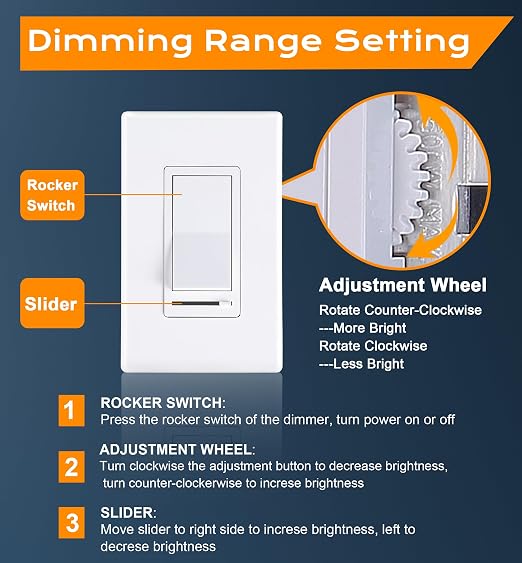 [10 Pack] Cloudy Bay 3-Way/Single Pole Dimmer Electrical Light Switch for 150W LED/CFL, 600W Incandescent/Halogen,Wall Plate Included,Pack of 10