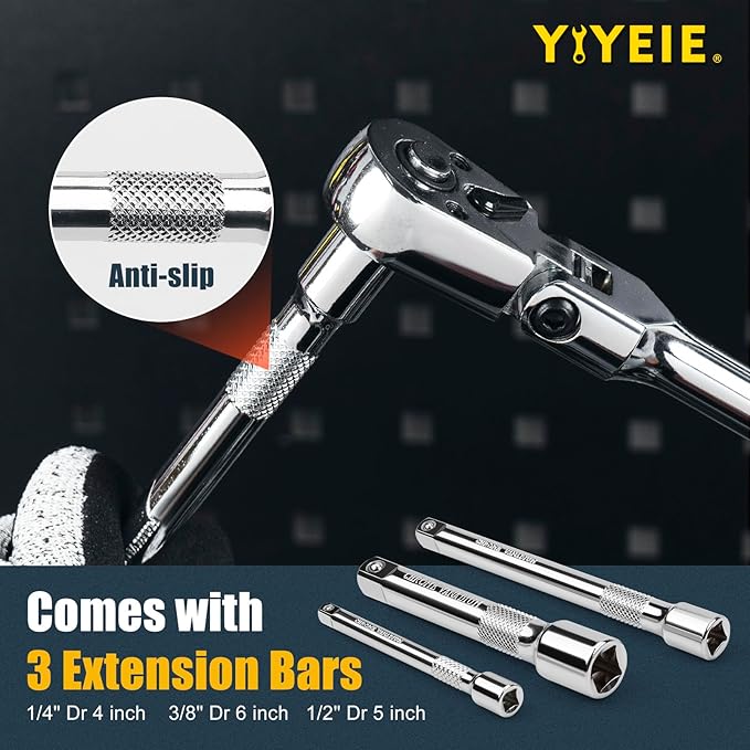 YIYEIE 6-Piece Flex Head Ratchet Set, 1/4", 3/8", 1/2" Drive, Swivel Head Ratchet Wrench with Extension Bar, 72 Tooth, 180° Adjustable, Quick-Release, Flexible Ratchet Handle with EVA Foam