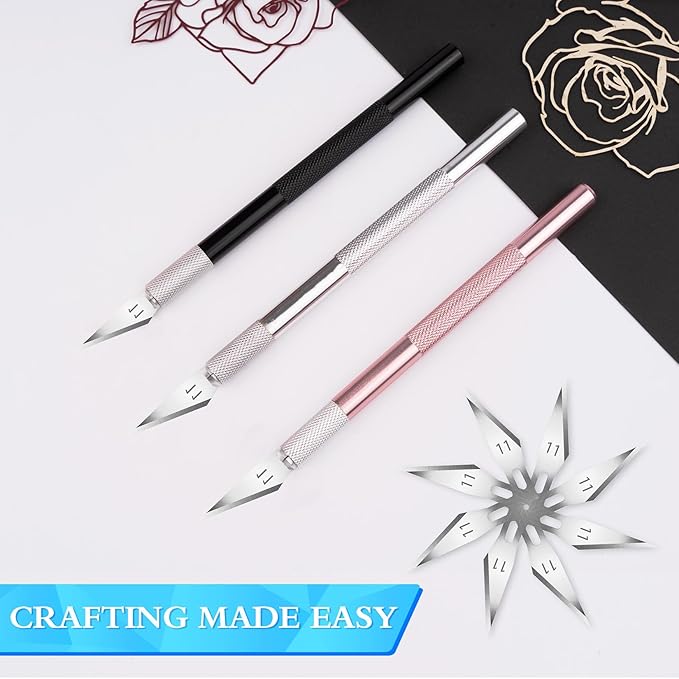 JETMORE Exacto Knife, 3 Exacto Knives with 30 Exacto Blades #11, Exacto Knife Set for Crafting, Craft Knife, Hobby Knife for Scrapbooking, Modeling, Stencil (Black-Silver-Pink)