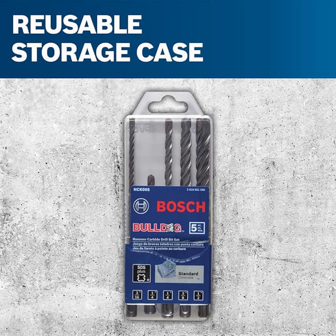 BOSCH HCK005 5-Piece Assorted Set SDS-Plus Bulldog Rotary Hammer Bits Ideal for Applications in Masonry, Brick, Block, Concrete