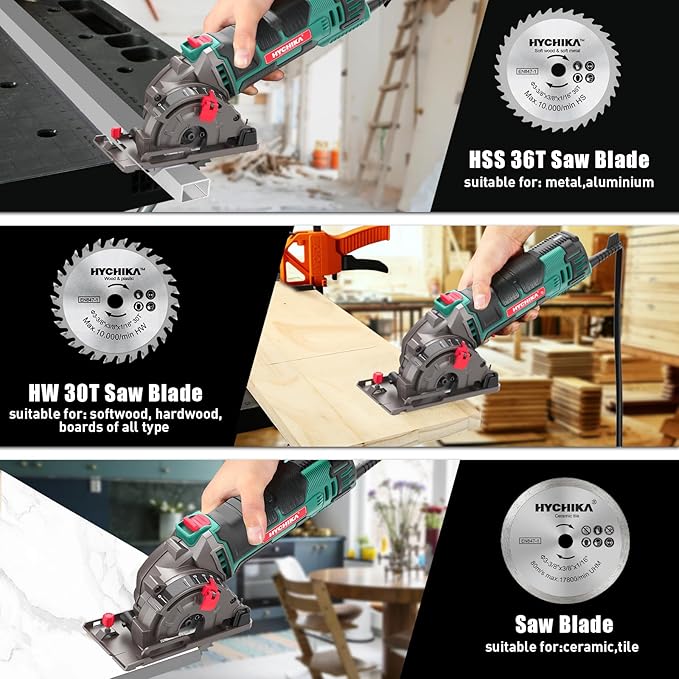 HYCHIKA Mini Circular Saw, Compact with 3 Blades 4A Pure Copper Motor, Scale Ruler, 3-3/8”4500RPM Ideal for Wood, Soft Metal and Plastic Cuts