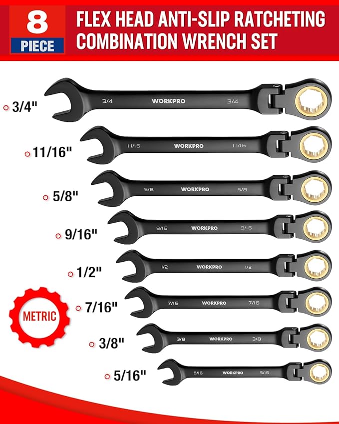 WORKPRO 8-piece Ratcheting Combination Wrench Set, SAE & Anti-Slip Tooth | SAE 5/16-3/4", 180° Flex-Head, 72-Tooth Cr-V Steel, Black Electrophoretic Coating with Rolling Pouch for Auto Repair & DIY