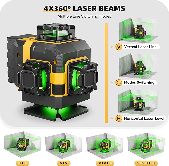 16 Lines Laser Level with Tripod - 360° Cross Line Laser with Tripod, 4D Green Laser Level, 4x360 Self Leveling Tool for Picture Hanging, Home Renovation, Indoor Project, 2 Batteries Included