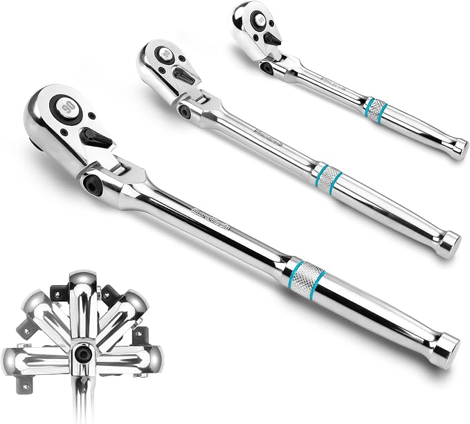 DURATECH 3-Piece Flex-Head Ratchet, 90-Tooth Quick-Release Ratchet Wrench | 1/4", 3/8", 1/2" Socket Wrench with 180° Pivoting Head & 7-Position Setting, Reversible, CR-V Made, CR-MO Head, Full Polished
