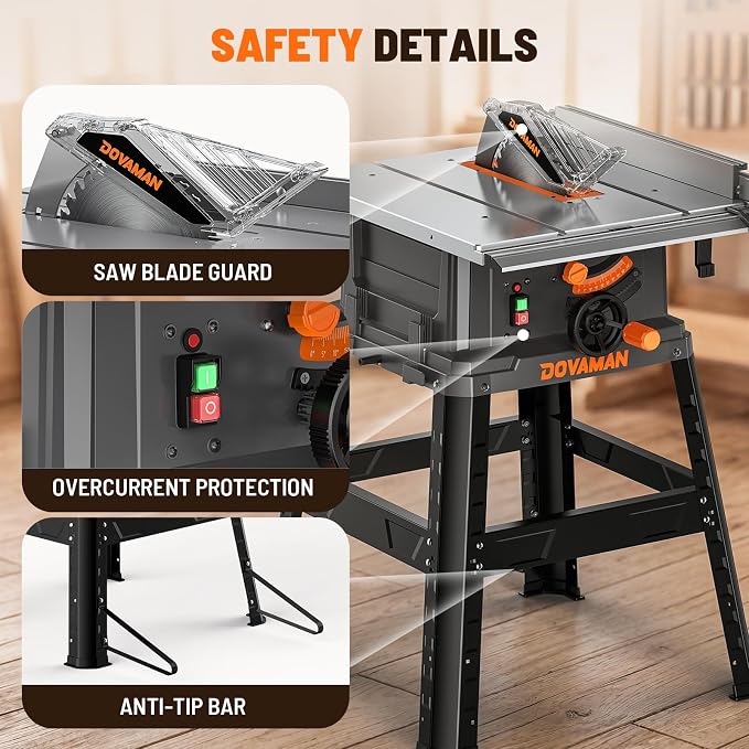 DOVAMAN 10-Inch 15A Table Saw, Tablesaw/W Stand, Max Cutting Height: 2.48" (45°) / 3.35" (90°), 5300 RPM Copper Motor, Extension on One Side, Multifunctional Table Saw for Various Wood Working