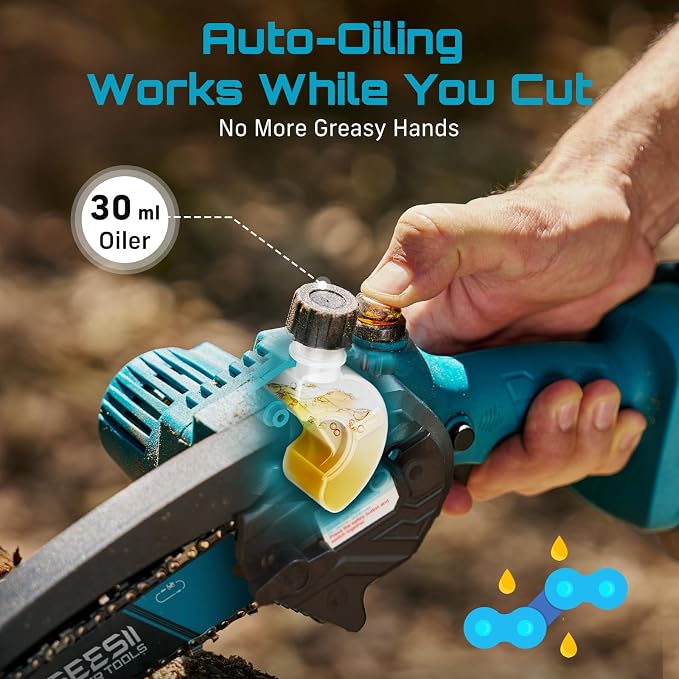 SEESII 6-Inch Mini Chainsaw Cordless with Oiler System | 2x2000mAh Batteries, Handheld Electric Chain Saw with Safety Lock, Battery Powered Chainsaw for Wood Tree Cutting, M6 Plus