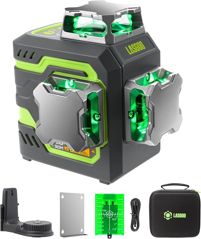 LasGoo LG-3DM Green Beam Laser Level, Self-Leveling 3x360° Cross Line Laser for Construction and Picture Hanging, 5200mAh Built-in Rechargeable Battery, Type-C Cable, Magnetic Rotating Stand Included